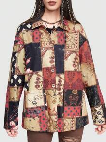 ROMWE Hippie Patchwork Print Drop Shoulder Button Front Coat