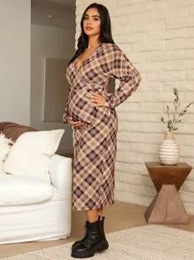 SHEIN Thai sản In kẻ sọc Surplice cổ Đầm - Màu nâu  Mocha - Xem 4