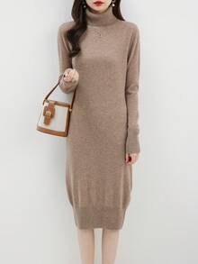 Solid High Neck Sweater Dress - Camel - View 4