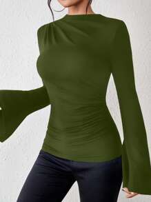 SHEIN Essnce Solid Ruched Flounce Sleeve Tee - Army Green - View 4