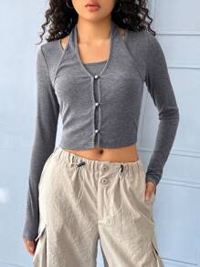 SHEIN EZwear 前紐扣繞頸短款T恤 - 灰色 - 查看 1