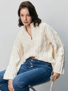 SHEIN Frenchy Jersey tejido de cable de hombros caídos - Albaricoque - Ver 2