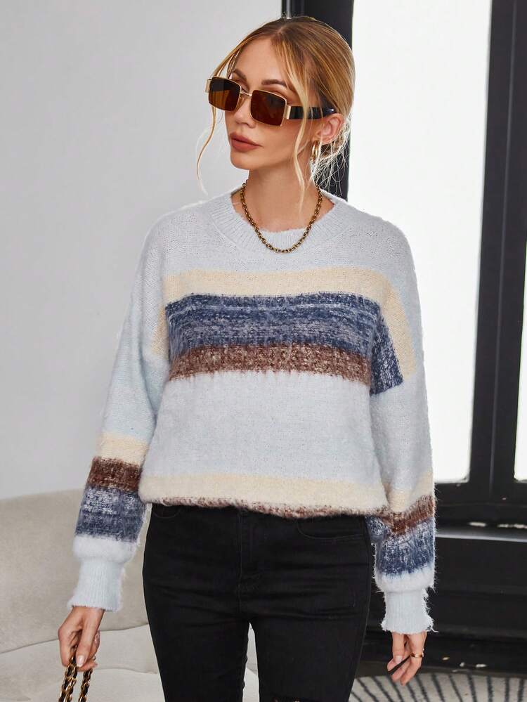 Colorblock Drop Shoulder Knit Pullover Fall Winter Sweater