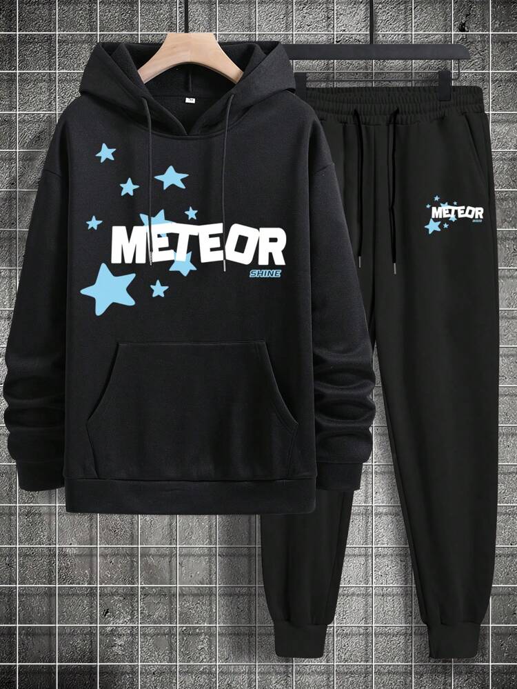 Men Plus Letter Graphic Kangaroo Pocket Drawstring Hoodie & Sweatpants