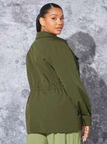 SHEIN SXY Plus Flap Pocket Drawstring Waist Flap Pocket Coat - Army Green - View 2