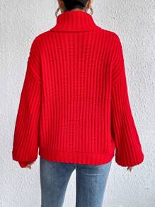 Chiquease Áo cao cổ Thả vai Đồ đan Ribbed Áo len - Đỏ - Xem 2