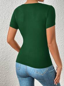 SHEIN Privé Contrast Dobby Mesh Insert Tee - Dark Green - View 2