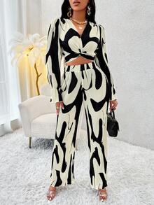 通體印花扭褶短款上衣和闊腿褲 - 黑與白 - 查看 4