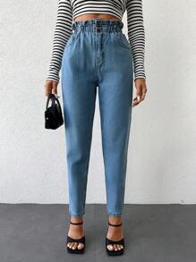 EURMUSE Paperbag Waist Mom Fit Jeans - Medium Wash - View 1