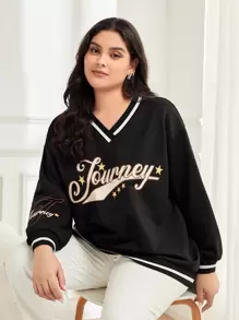 Mulvari Plus Letter Graphic Striped Trim Drop Shoulder Sweatshirt - Black - View 1