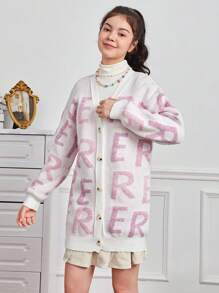 青少年女孩字母圖案落肩袖開襟衫 - 白色 - 查看 5