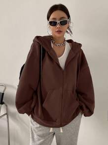 DAZY Solid Drop Shoulder Zip Up Drawstring Hoodie,Fall Women Clothes Sweatshirt Jacket - Mocha Brown - View 5