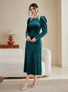 Modelyn 斑馬紋羊腿袖絨布洋裝不附腰帶 - 水鴨藍 - 查看 3