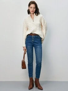SHEIN Frenchy Jersey tejido de cable de hombros caídos - Albaricoque - Ver 7