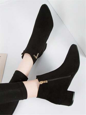 Women's Side Zipper Chunky Heel High Heel Black Fashion Boots