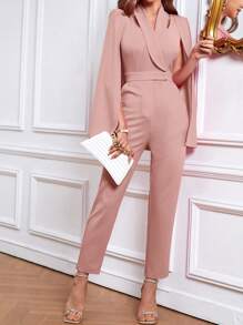 SHEIN Privé 斗篷袖青果領斜口袋連身褲 - 藕粉色 - 查看 3