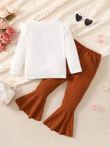 Young Girl Figure Graphic Ruffle Trim Tee & Flare Leg Pants - Multicolor - View 2