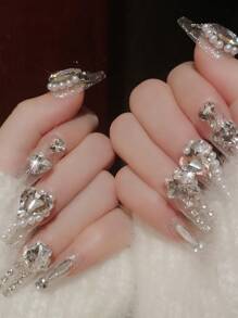 ROMWE Kawaii 24 piezas largo ataúd 3d con diseño de diamante de imitación Uña postiza & 1 pieza lima de uñas & 1 hoja cinta - Plateado - Ver 2