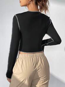 SHEIN EZwear Khâu trên cùng Áo phông Crop - màu đen - Xem 2