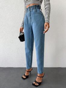 EURMUSE Paperbag Waist Mom Fit Jeans - Medium Wash - View 3