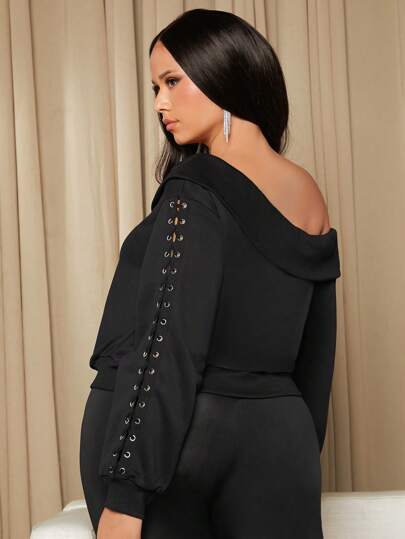 SHEIN SXY Talla grande Sudadera de cuello asimétrico con diseño de ojal