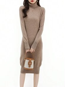 Solid High Neck Sweater Dress - Camel - View 1