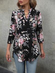 Floral Print Roll Tab Sleeve Curved Hem Blouse - Black - View 6