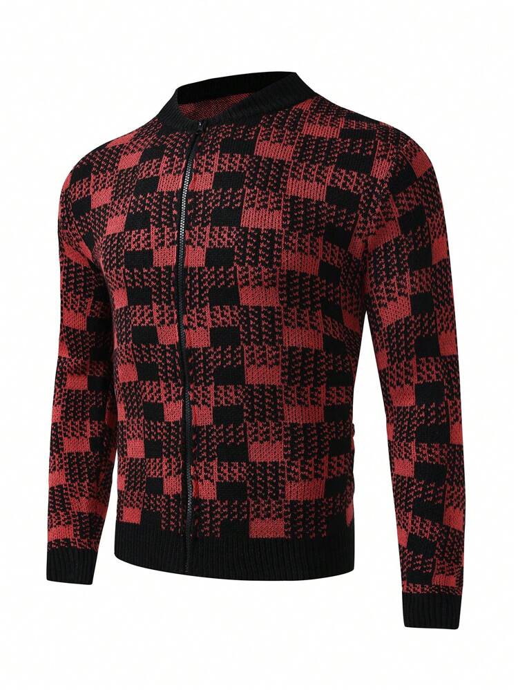 Men Plaid Pattern Zip Up Cardigan