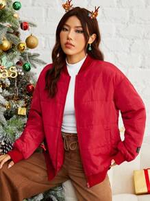 SHEIN EZwear Drop Shoulder Baseball Collar Zip Up Padded Coat - Red - View 4