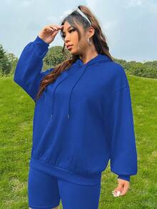 SHEIN EZwear Plus Size Slogan Graphic Drop Shoulder Drawstring Sweatshirt - Royal Blue - View 4