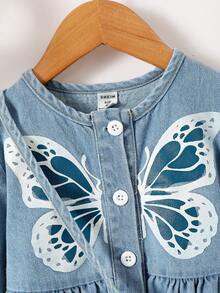 Young Girl Butterfly Print Button Through Denim Dress With Bag - Medium Wash - View 7