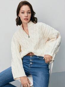 SHEIN Frenchy Jersey tejido de cable de hombros caídos - Albaricoque - Ver 8