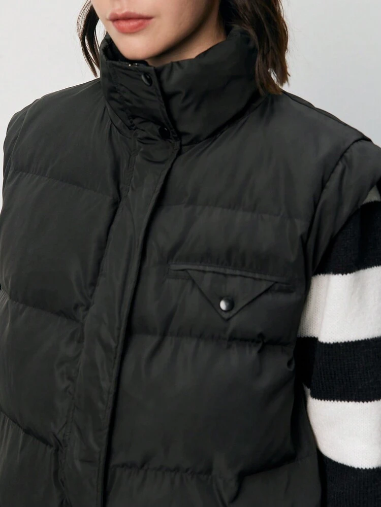 Zip Up Snap Button Gilet Winter Black Casual
