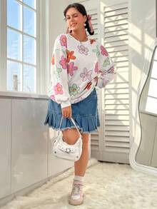 SHEIN EZwear Hơn In hoa Thả vai Áo nỉ - trắng - Xem 7