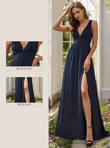 雙V領褶邊高衩雪紡正式連衣裙 - 藏蓝色 - 查看 7