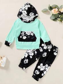 女嬰2入組花卉圖案圖案撞色袋鼠口袋連帽衫和運動褲,柔軟和舒服閒暇 - 彩色 - 查看 5