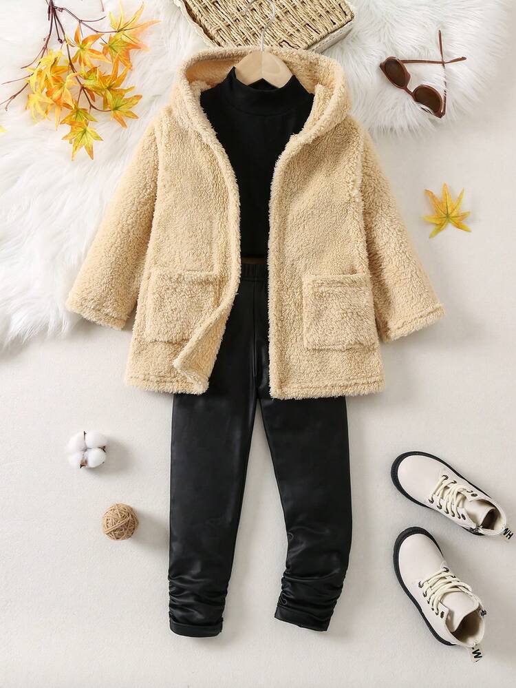 Young Girl Solid Tank Top & Pants & Open Front Hooded Coat