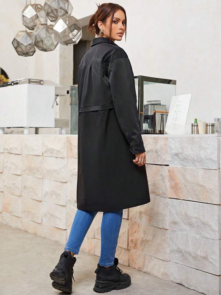 Solid Button Front Belted Coat