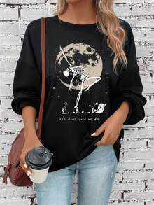 EMERY ROSE Moon & Slogan Graphic Drop Shoulder Sweatshirt - Black - View 3