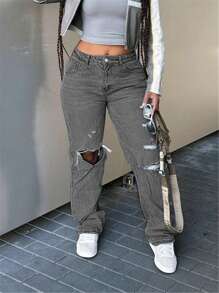 Women Distressed High Waist Pants With Pockets, Retro Streetwear Style - Grey - View 1