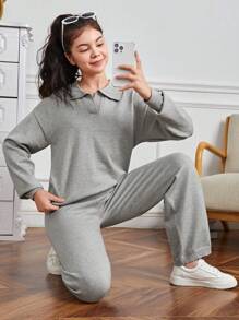 青少年女孩素色落肩袖套頭毛衣和針織褲 - 灰色 - 查看 1