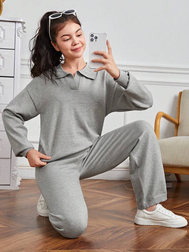 Teen Girl Solid Drop Shoulder Sweater & Knit Pants