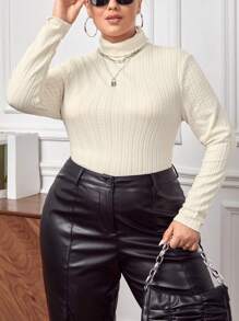 SHEIN Essnce 大碼高領T恤 - 杏色 - 查看 1