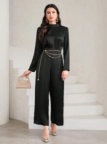 Modelyn Cổ giả quần ống rộng Xa ten Áo liền quần Không có dây chuyền - màu đen - Xem 3