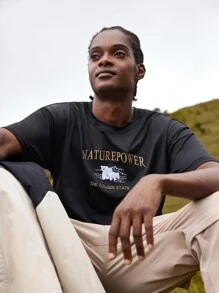 In My Nature 男士字母圖案落肩T恤 - 黑色 - 查看 3