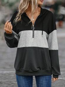 SHEIN LUNE Khối màu Một nửa khóa kéo Túi kangaroo Dây rút Hoodie - Nhiều màu - Xem 3