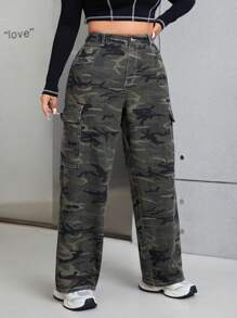 SHEIN ICON Hơn Camo In Túi có nắp Quần jean chở hàng - Nhiều màu - Xem 3