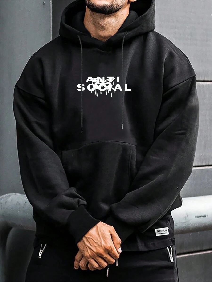 Manfinity Homme 男士大码字母圖案袋鼠口袋抽繩連帽衫 - 黑色 - 查看 1