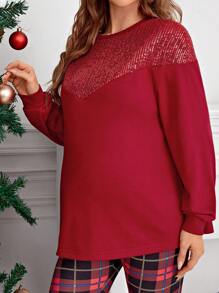 SHEIN Maternity Contrast Sequin Drop Shoulder Sweatshirt, For Winter - Burgundy - View 3
