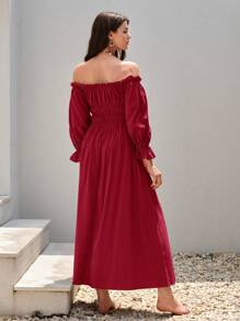 SHEIN VCAY 一字肩褶邊荷葉袖褶邊緊身洋裝 - 酒紅色 - 查看 2